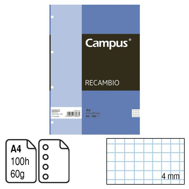 Recambio Campus A4 100 h. 4 taladros cuadrícula 4 mm. 60 g. ref. 1124