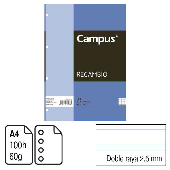 Recambio Campus A4 100 h. 4 taladros doble raya 2,5 mm. 60 g. ref. 112