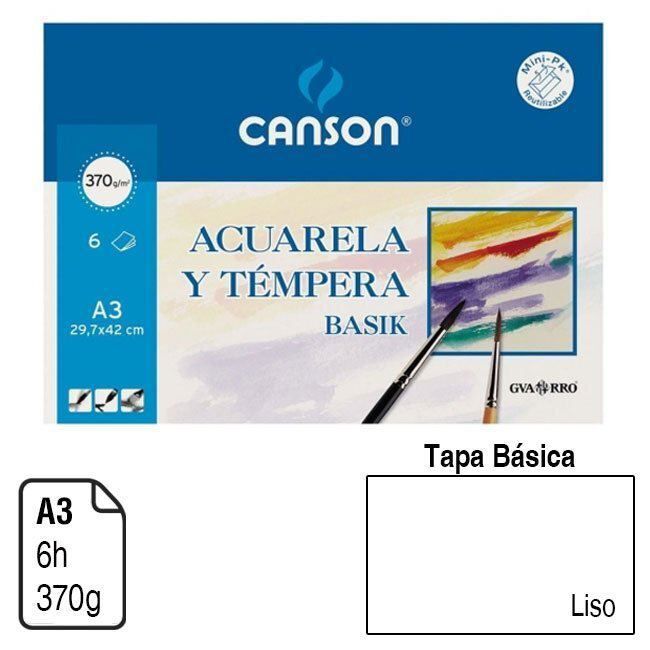Papel Canson Acuarela y Témpera blanco A3 370 g. 6 h. ref. 0402393