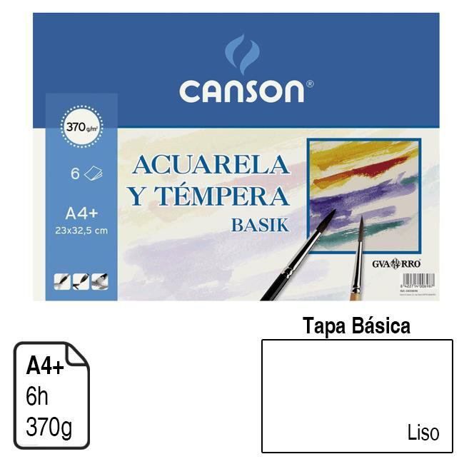 Papel Canson Acuarela y Témpera blanco A4+ 370 g. 6 h. ref. 0406347