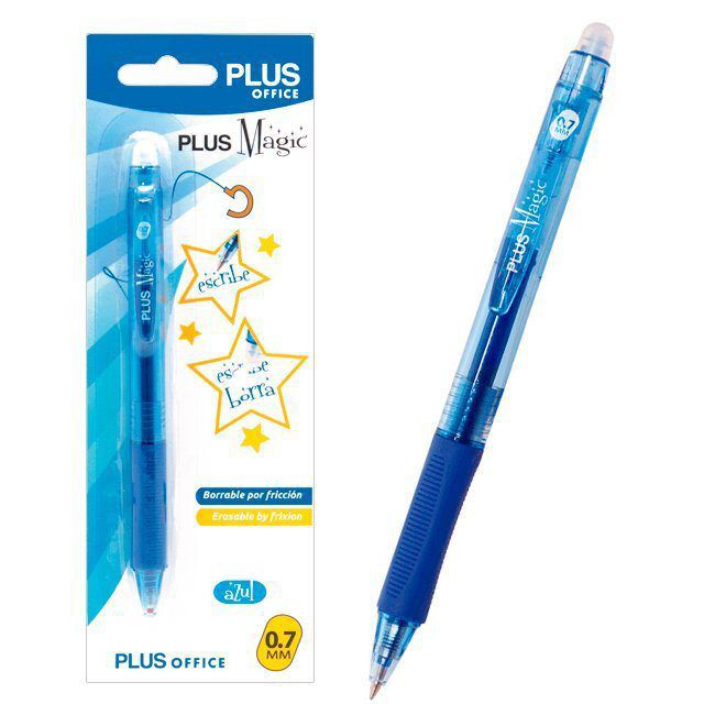 Bolígrafo Plus Office Magic Click blíster tinta gel borrable azul